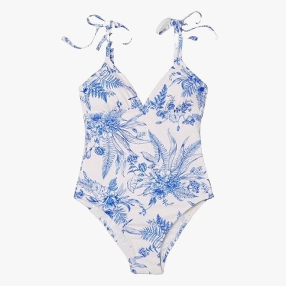 Kona Sol White And Blue Tropical Print Shoulder Tie One Piece Swimsuit - Picture 3 of 7